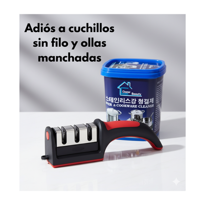 KIT DE RESTAURACIÓN DE COCINA AFILADOR 3 NIVELES + PASTA RESTAURADORA